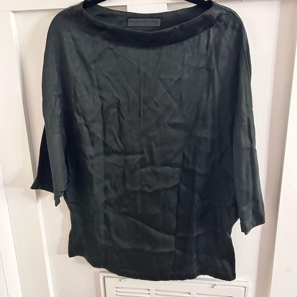 ANIKA LENA SKARSTROM PARIS black silk boatneck top winged sleeves top blouse